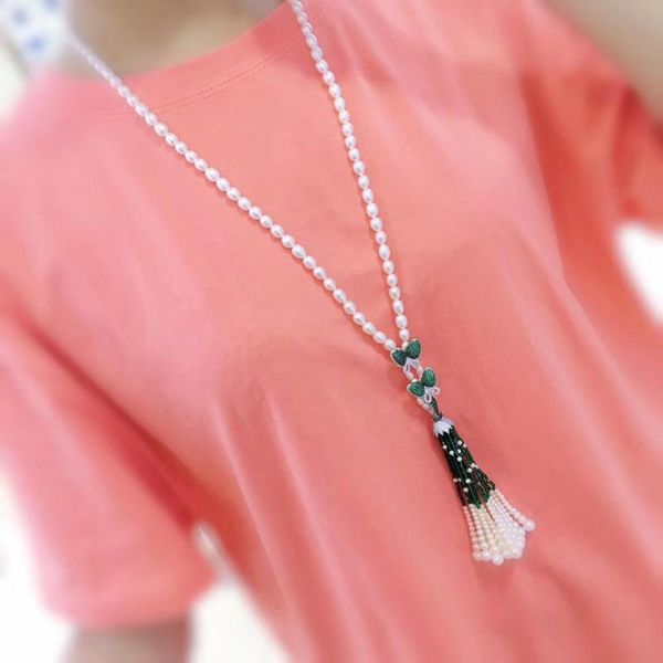 

long natural fresh water pearl sweater chain necklace rice shape 925 sterling silver green color tassels butterfly fine jewelry