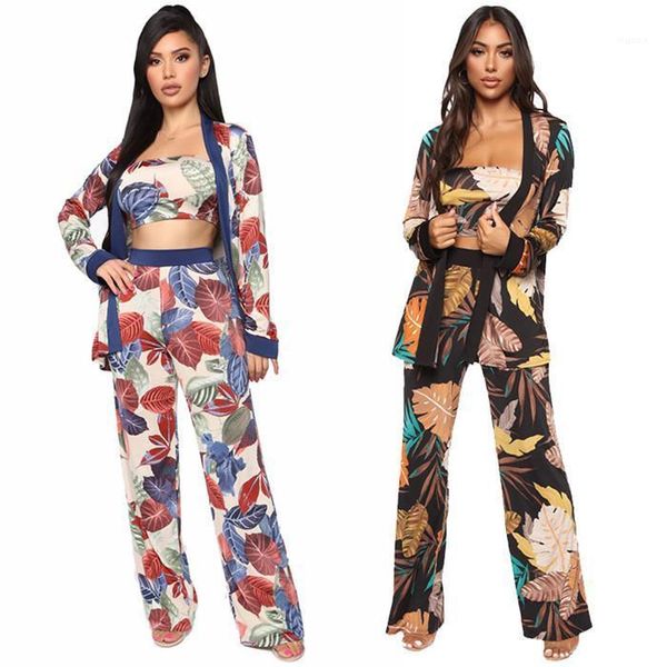 

floral print long sleeve female clothing bathing suit summer spring casual apparel womens casual 3pcs pants tube top, White