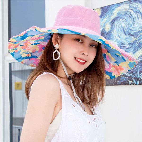 

newly women sunshade hat wide brim foldable sun protective windproof beach cap do99, Blue;gray