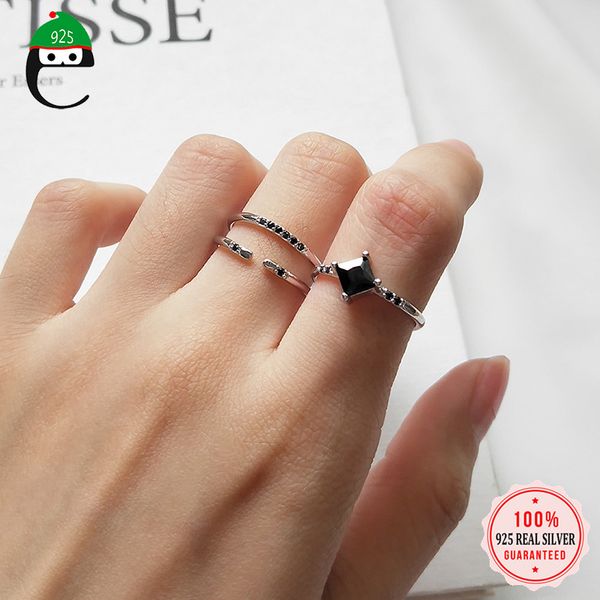 

cluster rings elfoplatasi genuine 925 sterling silver minimalist black cz opening ring for women fine wedding birthday valentine's day, Golden;silver