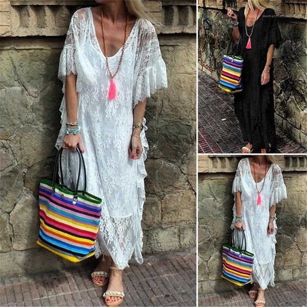 

casual long dresses flared short sleeve womens clothing womens designer fashion lace dresses large size vneck beach, Black;gray