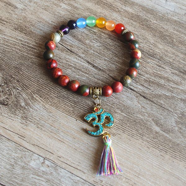 

7 chakra om tassels bracelet tibetan buddha yoga healing prayer mala charm beaded bracelet jewelry for women men, Golden;silver