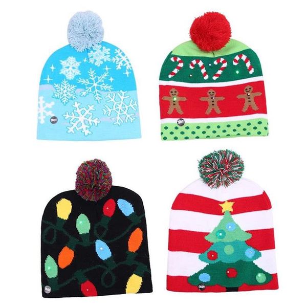 LED Light Up Christmas Hat Теплого Яркий красочный Xmas вязаная шапочка с рождественской елкой Cane Снежинки гирлянды декора Подарками
