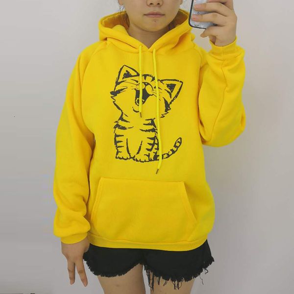 

осень зима мода happy cat печать harajuku желтый пуловер сгущает сыпучая женщина толстовка толстовка casual coat женской, Black