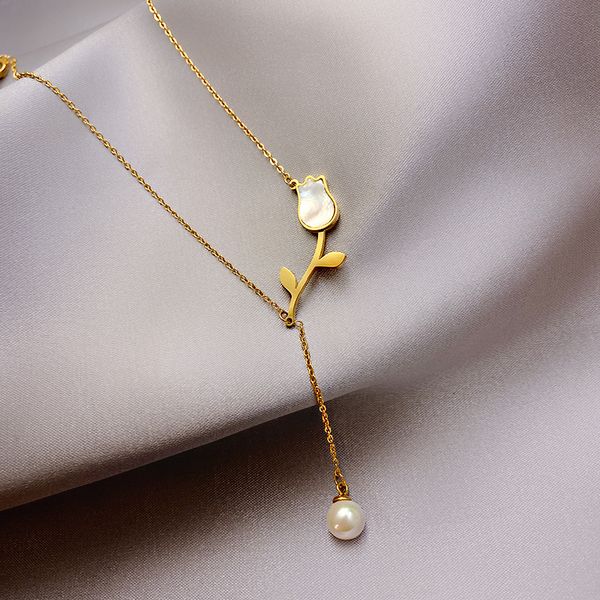 

2020 european american new fashion exquisite tulip necklace pearl tassel elegant clavicle chain female jewelry, Silver