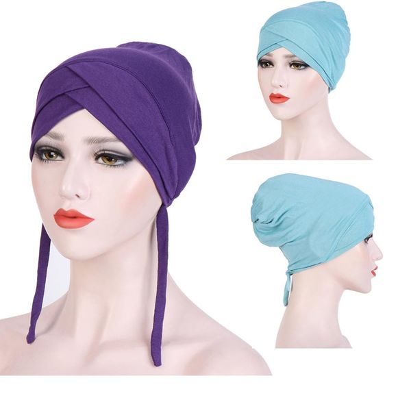 Женщины Лоб Cross Silk Cotton сна Тюрбан Hat Рак Химиотерапия Beanie Cap Хиджаб Головной убор тюрбан Аксессуары для волос