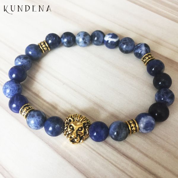 

tennis antique golden lion bracelets sodalite natural blue bracelet mens gift mala beaded for unisex, Golden;silver