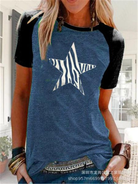 

women star short sleeve designer female stitching casual printed streetwear ladies tshirt round neck pentagram tee shirt clothing, White