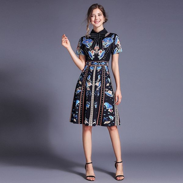 

summer new women's clothing 2019 style elegant fashionable printed lapel short sleeve slimming skirt aline skirt aline dress favos, Black;gray