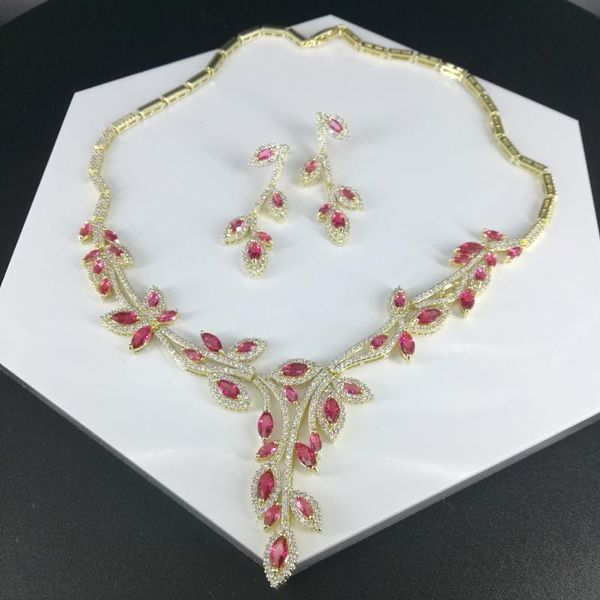 

new fashion retro red plant flower cz zircon necklace earring set,wedding bridel party banquet dress jewelry ing, Silver