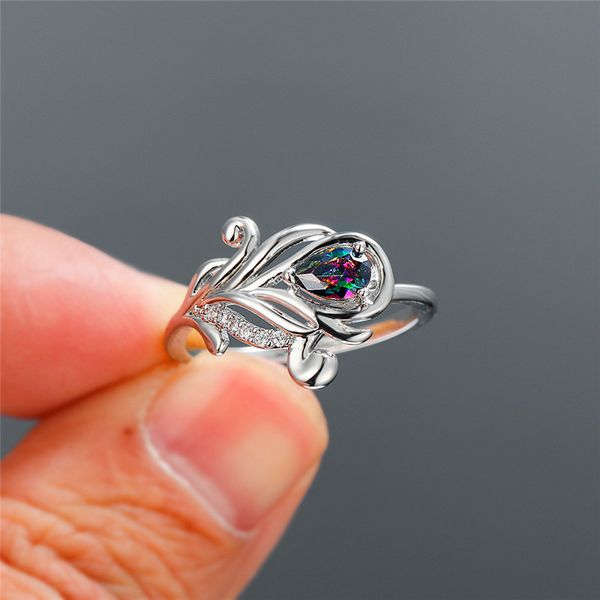 

wedding rings charm female rainbow crystal stone ring trendy silver color thin for women elegant bridal flower engagement, Slivery;golden