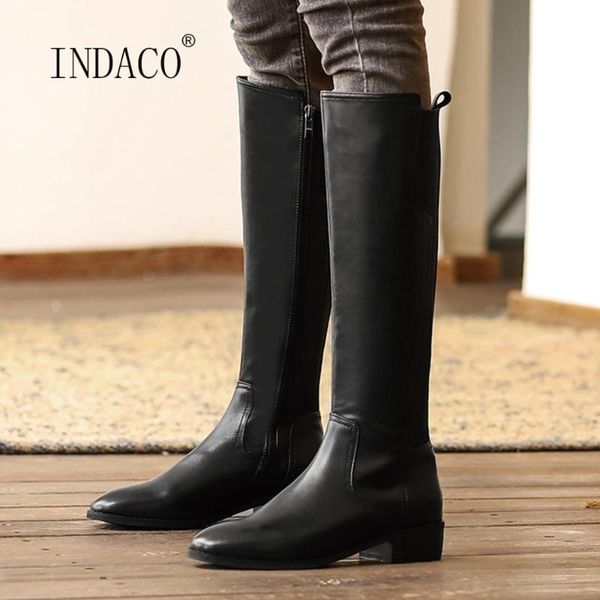

2020 new leather boots women winter warm knee high boots square heel thigh high side zipper black brown botas feminina