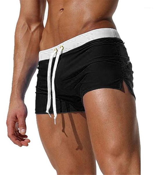 

solid color drawstring skinny man trunks with pockets casual homme clothes quick drying mens swimwear summer beach