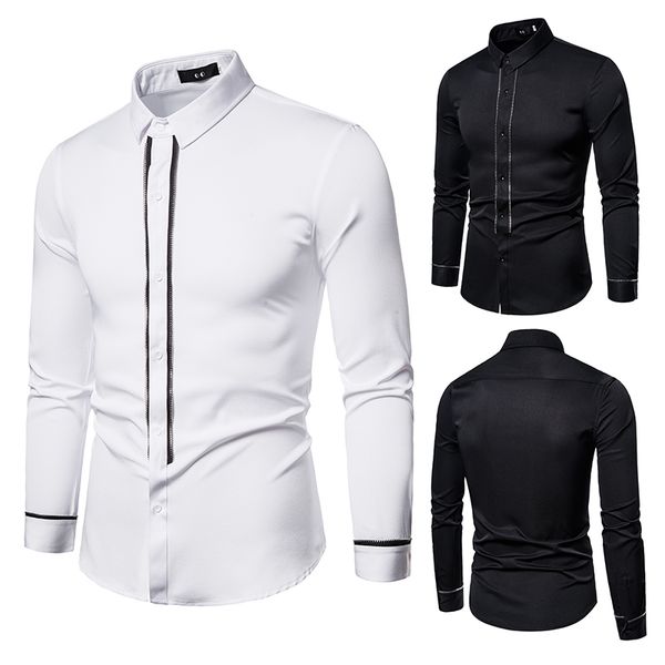 

trendy men's spring and autumn men's new casual solid color long sleeve shirt slim stand collar fashion d441, White;black