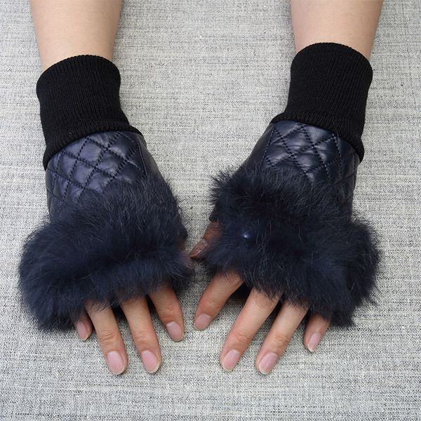 

five fingers gloves elegant women leather genuine fingerless with real fur autumn spring thermal trendy female glove g576, Blue;gray