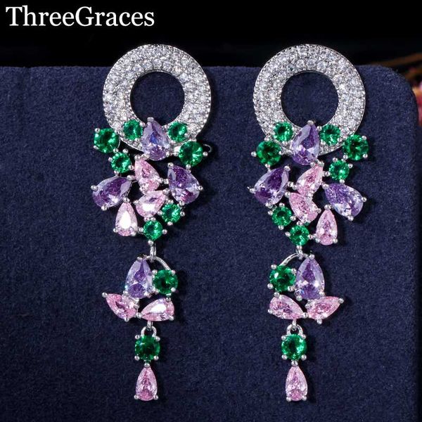 

dangle & chandelier threegraces exclusive green purple pink mix color round and long leaf dangling cubic zirconia drop earrings for women er, Silver
