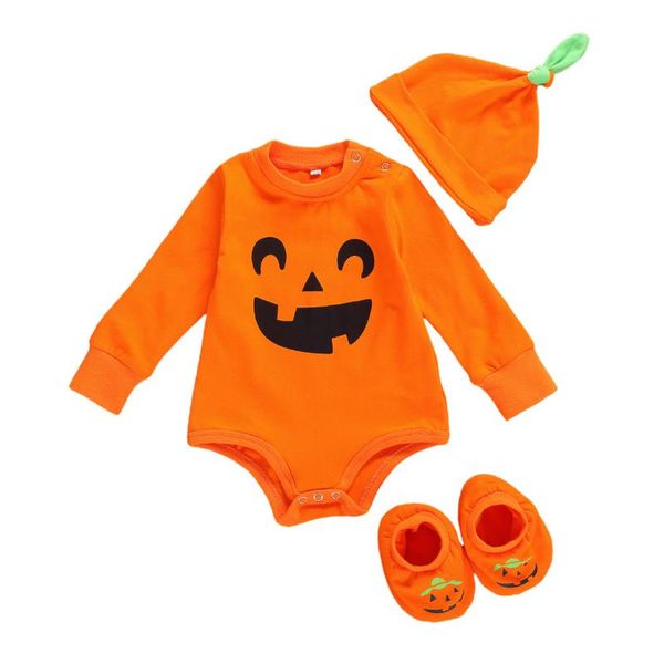 

3pcs toddler baby boy girl halloween clothes set suit orange o-neck long sleeves rompers pumpkin ghost shoes hat 0-18 months, White