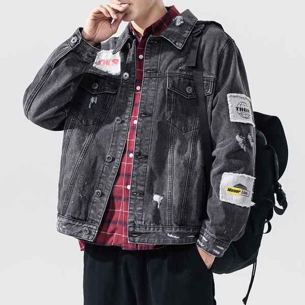 

septhydrogen streetwear jeans jacket men 2020 spring denim jackets men patchwork casual man clothing outwear winter jacket, Black;brown