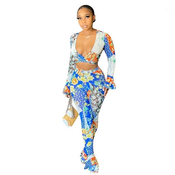 

set womens slim floral printed 2pcs suit butterfly sleeve designer two piece pants vnck hollow out, White