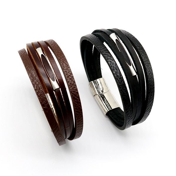

vintage men bracelet magnetic clasp copper tube reinforced leather bracelet black brown multi layer circle men's gift, Golden;silver