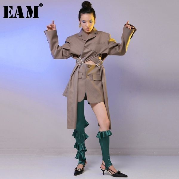 

[eam] 2020 new spring lapel long sleeve loose waist buckle bandage hollow out loose jacket women coat fashion tide jh007, Black;brown