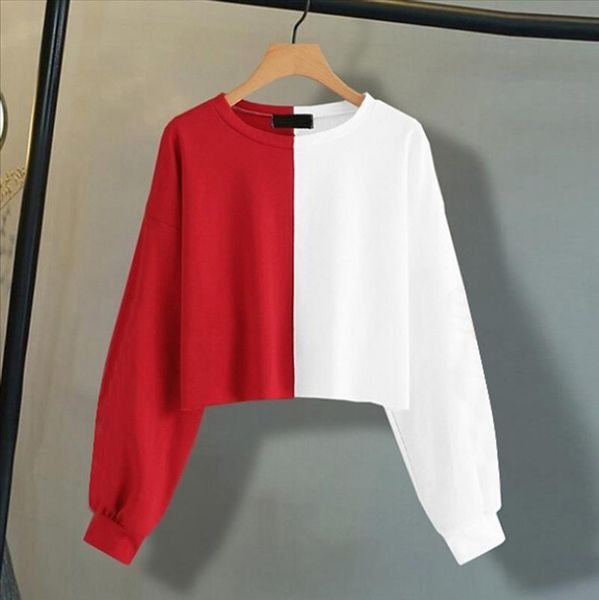 

female long sleeve splice sweatshirt pullover hooded women's solid color stitching short sports haut femme manche, Black