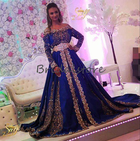 Brilhantes azuis muçulmanos Vestidos 2020 de manga comprida A Linha Lantejoula Prom Dress elegante Dubai Árabe Evening Vestidos Plus Size Caftan Abaya