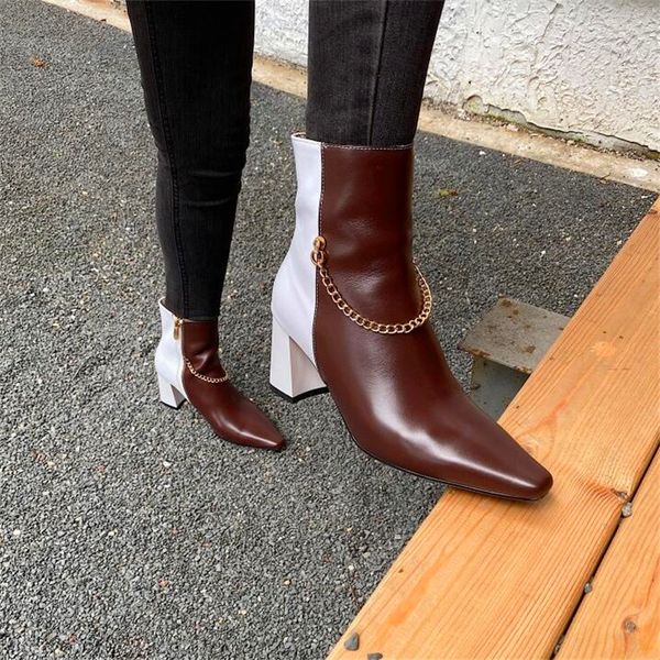 

fashion color matching female high heels black brown metal chain decoration thick heel high heel boots model lady party boots