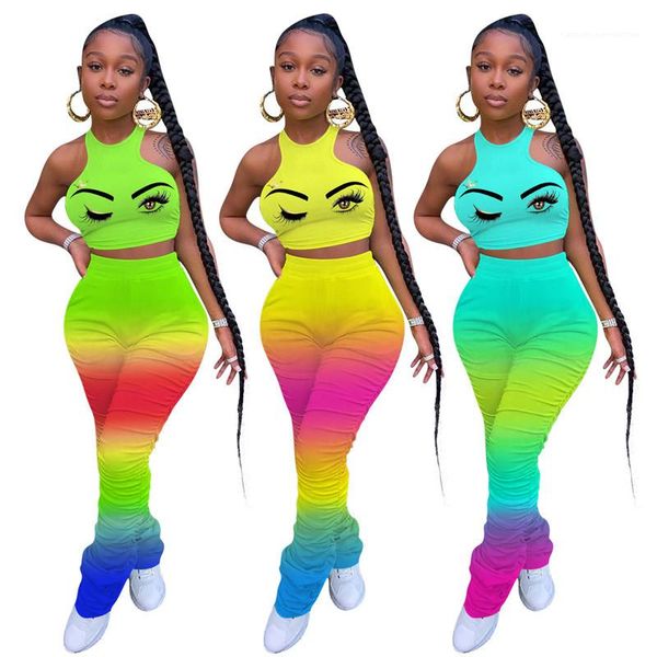 

pattern sleeveless two piece pants casual women micro flare pants suits women stacked pants set fashion rainbow color eyes, White
