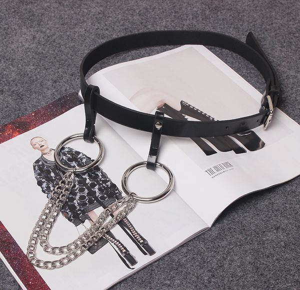 

belts [to gladself] women fashion gothic punk rock two metal circle ring chain designer waist belt, Black;brown