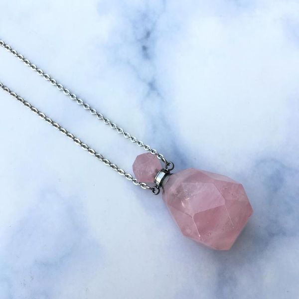 

faceted rose crystal necklace,semiprecious necklace,perfume bottle necklace,essential oil diffuser ,perfume bottle pendant, Silver