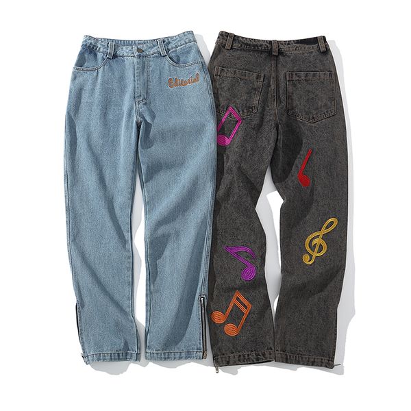 

men's jeans high street musical note letter embroidery mens pants oversize washed retro side zipper baggy casual denim trousers, Blue