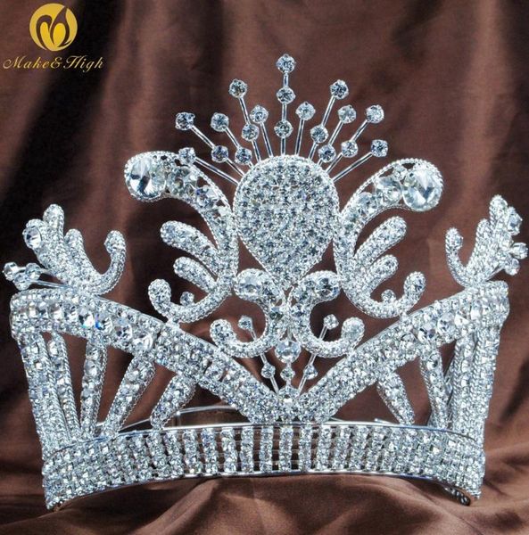 

women large tiara diadem flowers crown queen austrian rhinestone crystal pageant wedding hair accessories handmade, Golden;silver