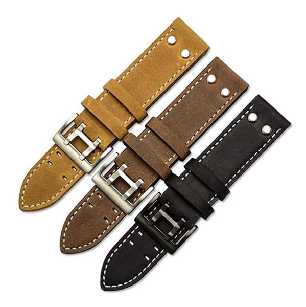 

watch bands handmade vintage crazy horse strap khaki black field aviation band with silver tone rivets 22mm, Black;brown