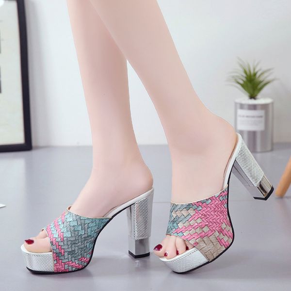 

2020 new women summer slippers fashion super square high heels peep toe party shoes woman platform sandals, Black