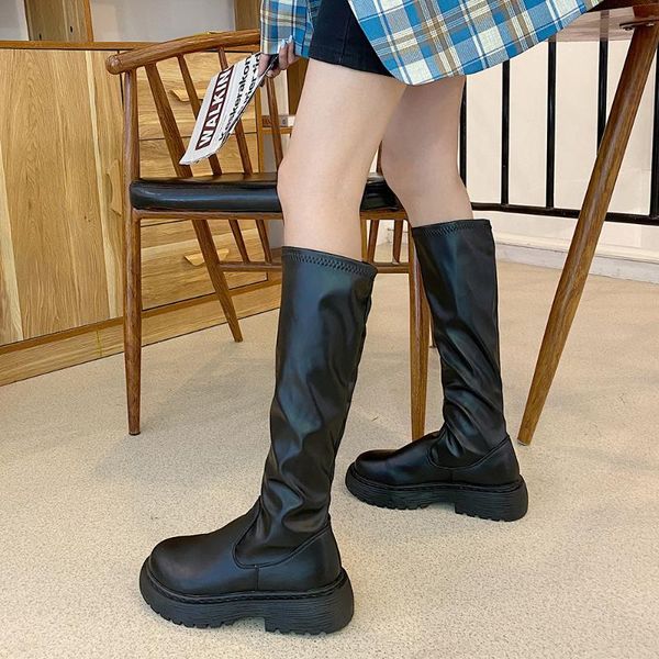 

boots flat platform women's rubber shoes rain thigh high heels high booties ladies luxury designer round toe, Black