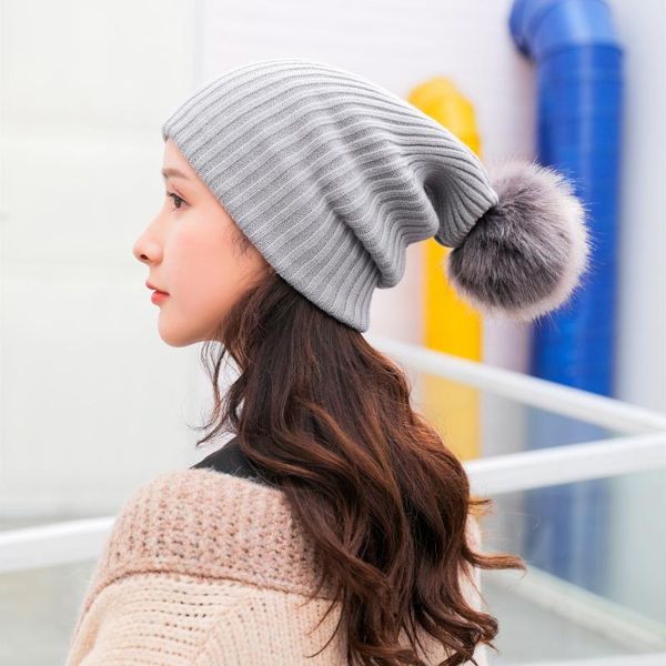 

one hat three-wear women's autumn and winter fashionable korean style all-match double-layer straight striped knitted wool ear, Blue;gray