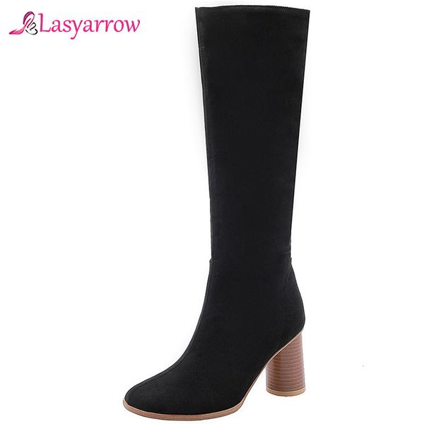 

boots lasyarrow autumn winter 2021 fashion high heels knight long female flock knee bota black ladies shoes footwear j1048