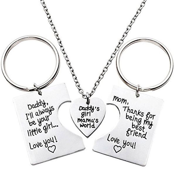 

3pcs/set dad daughter mother pendant necklace keychain sets mother's day father's day gift jewelry father mom keyring necklaces, Silver