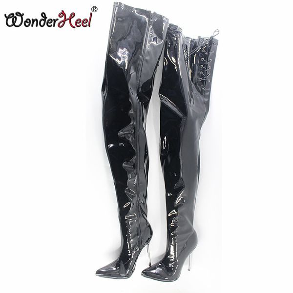 

wonderheel extreme high heel 12cm heel overknee boots shiny patent thigh high boots crotch metal heels, Black