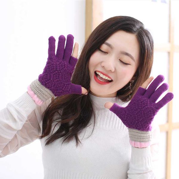 

five fingers gloves knitted women men thick warm winter fingerless mittens female stretch crochet wool 2 finger cut write luvas, Blue;gray