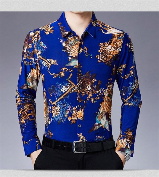 

chiese styles printed shirt floral print mens casual shirt designer peacock fashion homme spring autumn clothes, White;black