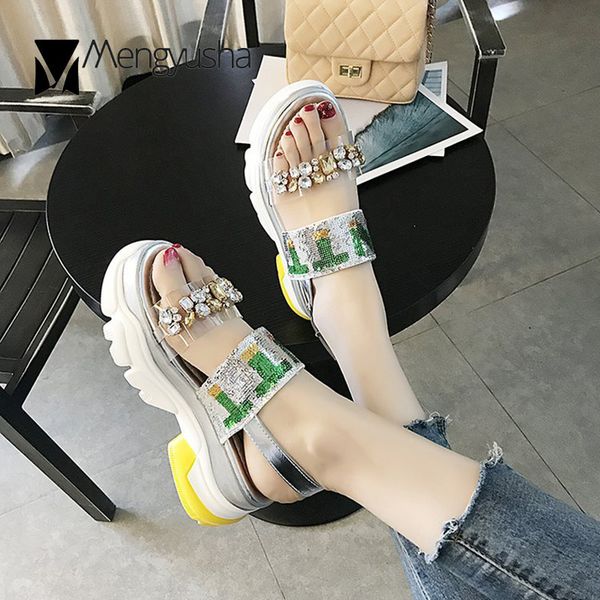 

novelty rhinestone gradient paillette transparent sandals women creepers buckle muffin sandalias silver bling platform shoes2020, Black