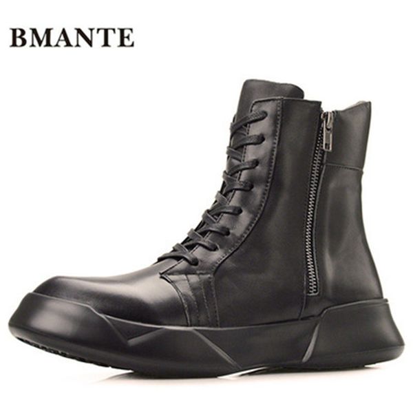 

bmante genuine leather men boots solid black flats lace-up zipper high ankle trainers sneaker high street gothic owen shoes