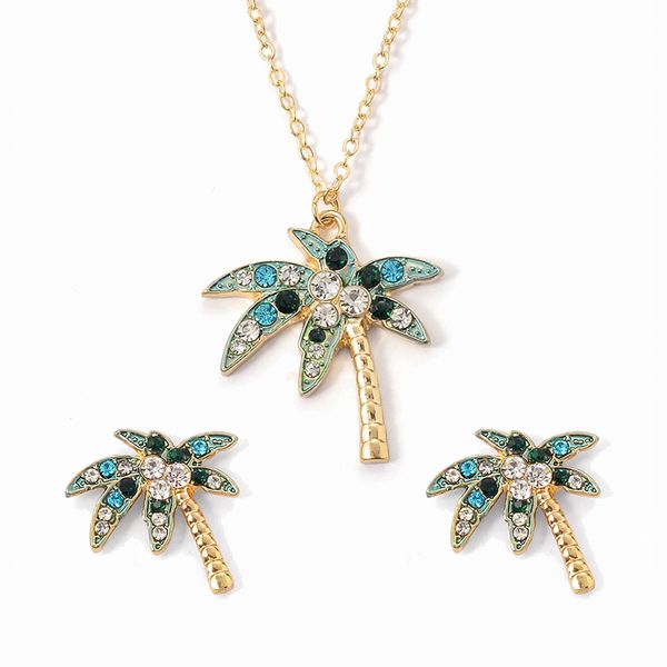 

coconut trees green leaves golden alloy blue dark green white rhinestone women jewelry sets earrings necklace two-piece set, Silver
