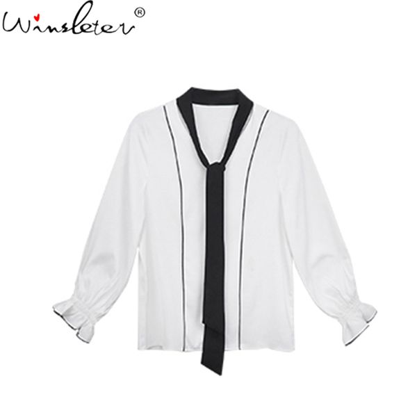 

2020 autumn bow solid woman chiffon shirts long flare sleeve elegant women blouses fashion white t08613k