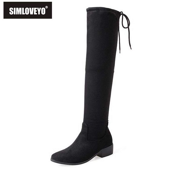 

simloveyo women boots stretch slim thigh high boots female over the knee high heel shoes lace-up flock mujer botas b943, Black