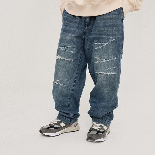 

men's jeans distressed washed denim trousers streetwear loose straight pants men casual baggy, Blue