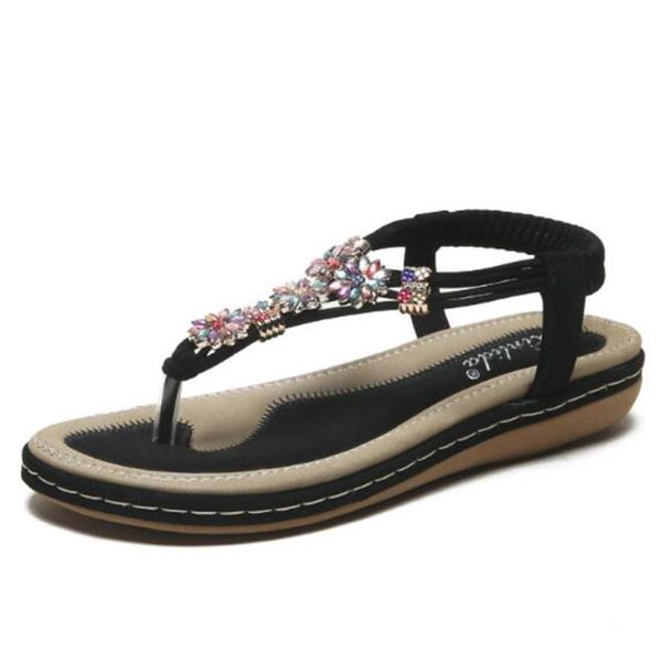 

summer new shoes woman sandals bohemian flat sandalias woman chaussures femme flip flops color rhinestones sandals women ll315, Black