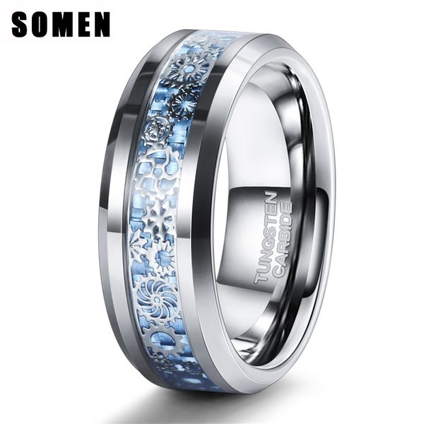 

wedding rings somen silver color tungsten men luxury band for male blue and gears inlay cool design 8mmparty jewelry, Slivery;golden